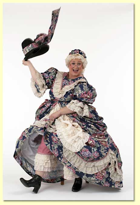 Picture of the original Mother Goose kicking up her heels and twirling her hat.