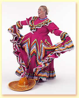 Thumbnail photo of Margaret Clauder dressed in a Jalisco region dress with a decorated sombrero.